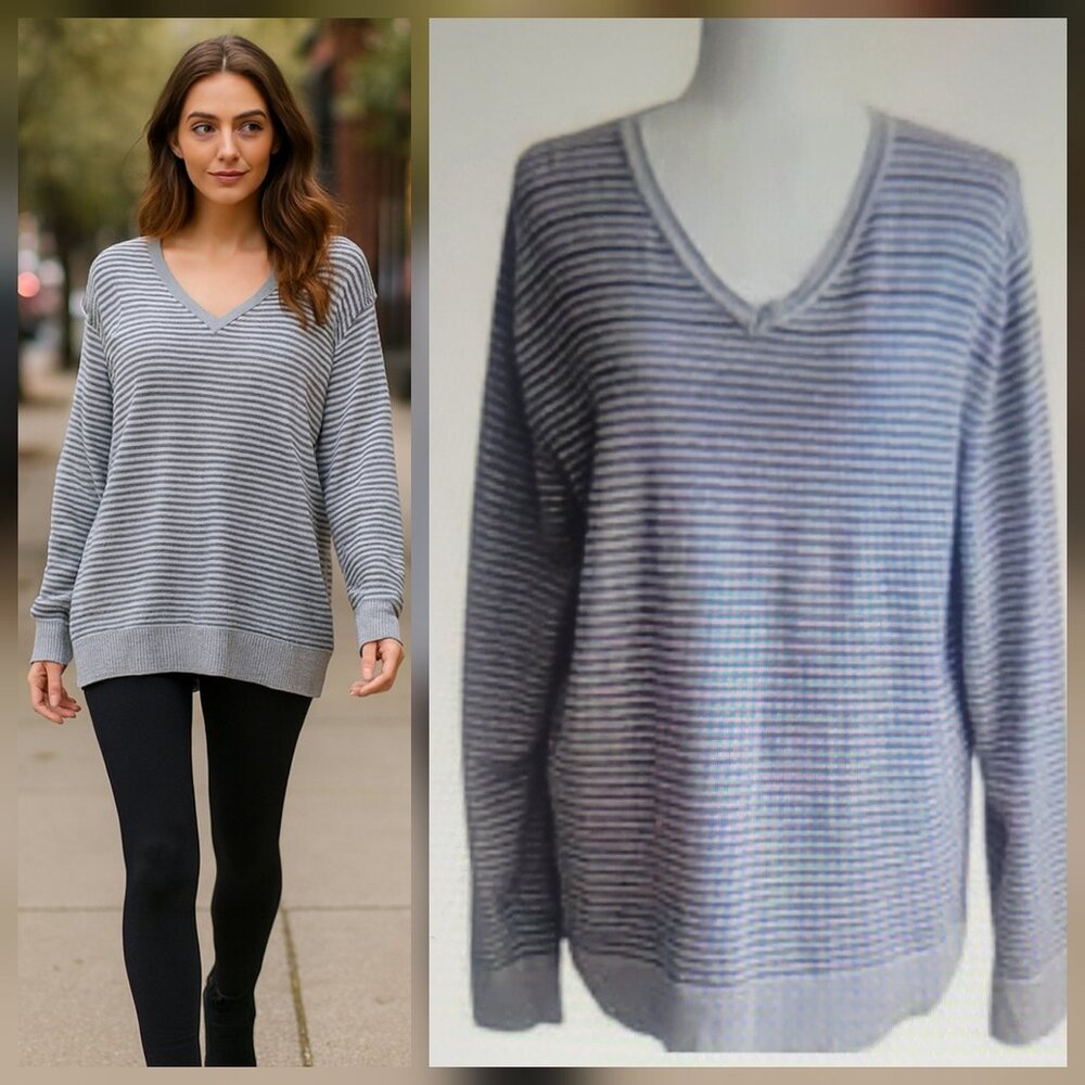Alfani Striped V Neck 100% Cotton Sweater Over-Sized Boyfriend Style Unisex